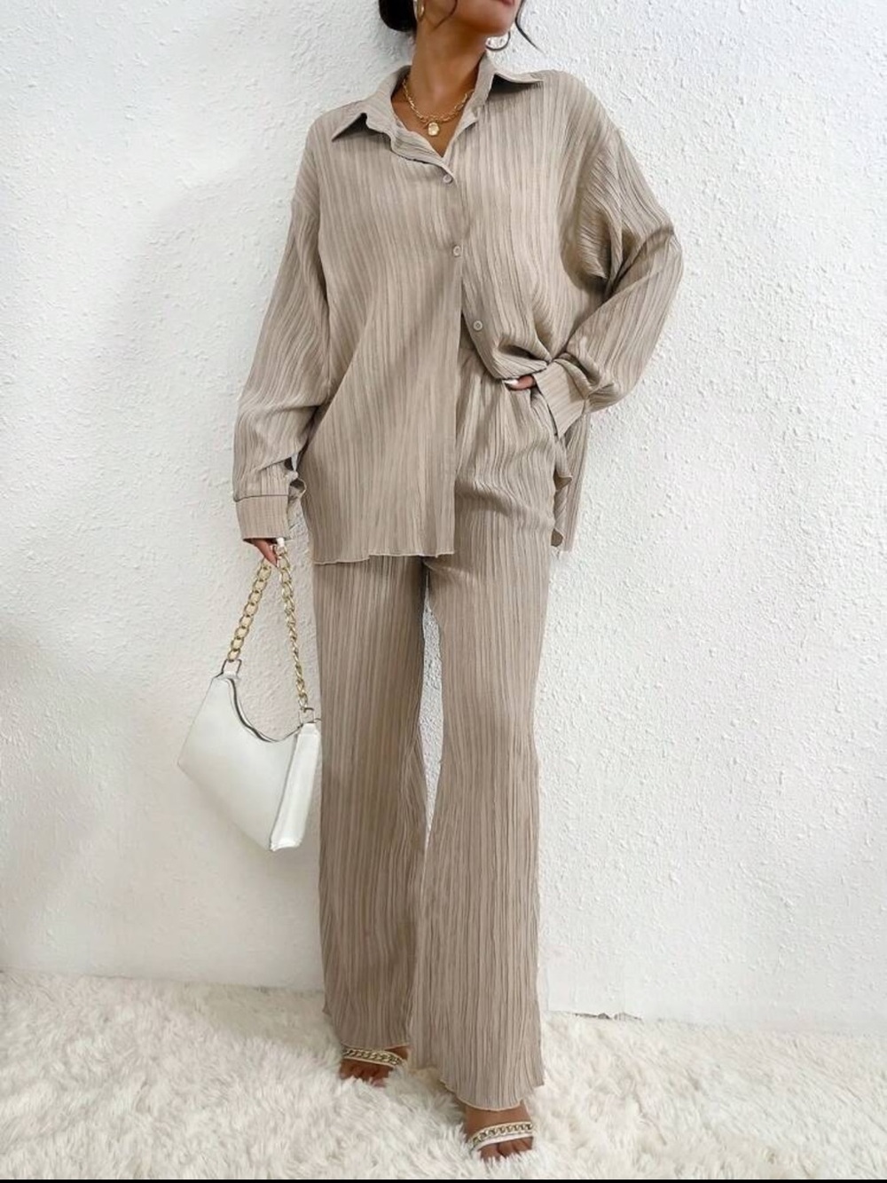 Beige Wide-Leg Pleated Pants - Minimal Women's Jumpsuit Set